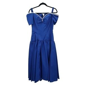 80's Blue Taffeta Big Bow Prom Dress 9 10 Cold Shoulder Drop Waist Rhinestone